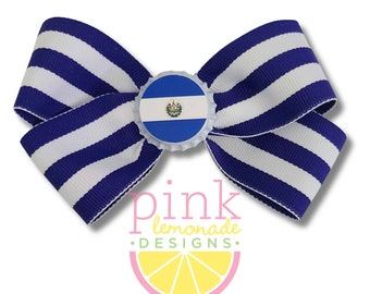 El Salvador Flag Ribbon Patriotic Football Futbol Soccer El Salvadorian Girls Hair Bow Clip Blue White Stripes Central American National