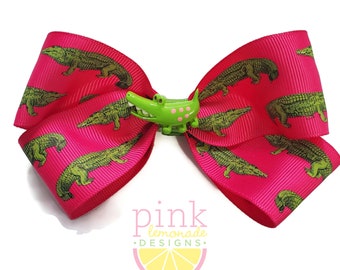 Hot Pink and Lime Green Alligator Gator Swampy Preppy Cajun Airboat Ride Louisiana Florida Girls Hair Bow