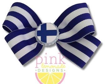 Finland Flag Ribbon Patriotic Football Futbol Soccer Finnish Finn Girls Hair Bow Blue White Stripes Hair Clip