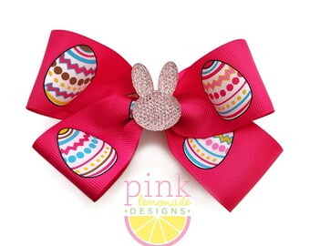 Large Hot Pink Easter Eggs and Easter Bunny Sparkle Bling Girls Hair Bow Clip