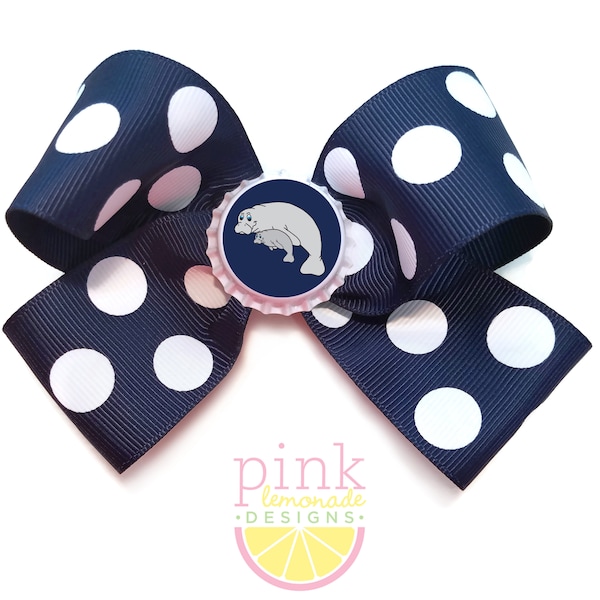 Navy Polka Dot Manatee and Calf Save the Manatees Freshwater Springs Florida Snorkeling Scuba Diver Vacation Girls Hair Bow Hair Clip