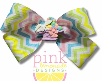 Easter Basket Bunny Chevron Pastel Cute Church Easter Sunday Basket Girls Hair Bow Clip