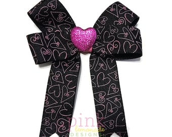 Valentines Black Pink Sparkly Glitter Hearts Love Holiday February 14 Cupid Girls Hair Bow Hair Clip