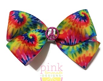 Tie Dye Girls Hair Bow Peace Love Happiness Rainbow Glitter Peace Sign Hippie Girls Hair Bow Hair Clip Camp Hippy Day Dress Up 60s 1960's