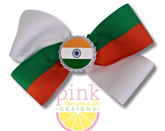 India Flag Ribbon Patriotic Football Futbol Soccer Indian Bharat Urdu Hindu Hindustan Girls Hair Bow Clip Green Orange White Stripes