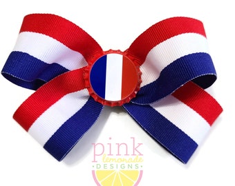 France Flag Ribbon Patriotic French Tricolour Soccer Football Futbol Girls Hair Bow in Red White Blue Drapeau Francais Tricolor Clip