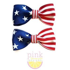 4th of July USA Flag Patriotic Pigtail Hair Bow Pair in Red White and Blue Stars and Stripes