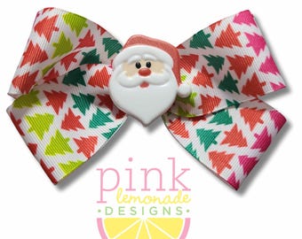 Santa Claus Face Christmas Trees Red Green Holiday Girls Hair Bow Clip