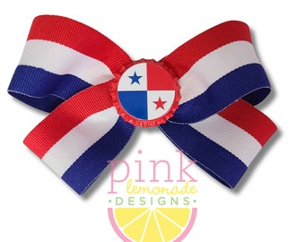 Panama Flag Ribbon Patriotic Football Futbol Soccer Panamanian mestizo Girls Hair Bow Clip Red White Blue Stripes Stars