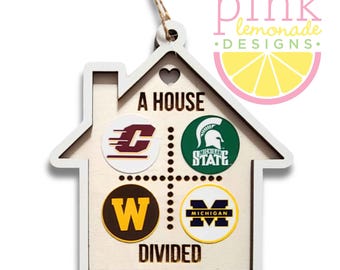 A House Divided Wood Custom Christmas Tree Ornament House Shaped ANY FOUR 4 Schools Teams Pro College University
