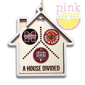 A House Divided Wood Custom Christmas Tree Ornament House Shaped ANY THREE 3 Schools Teams Pro College University