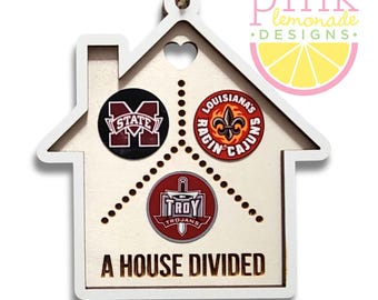 A House Divided Wood Custom Christmas Tree Ornament House Shaped ANY THREE 3 Schools Teams Pro College University
