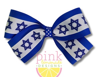 Israel Flag Ribbon Patriotic Football Futbol Soccer Israeli Jewish Girls Hair Bow Clip Blue White Stripe Star of David Holy Land