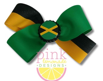 Jamaica Flag Ribbon Patriotic Football Futbol Soccer Jamaican Rock Taino Island Girls Hair Bow Clip Green Black Yellow Stripes