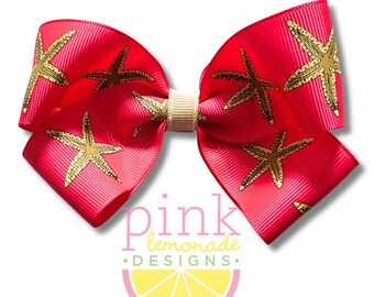 Hot Pink Beachy Vacation Coastal Beach Starfish Shell Collecting Girls Hair Bow Hair Clip