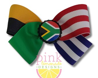 South Africa Flag Ribbon Patriotic Football Futbol Soccer South African Girls Hair Bow Clip Red Blue Green Black Gold