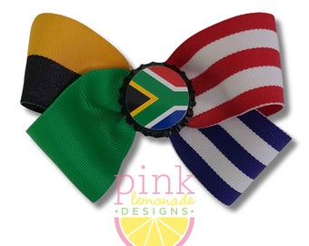 South Africa Flag Ribbon Patriotic Football Futbol Soccer South African Girls Hair Bow Clip Red Blue Green Black Gold