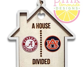 A House Divided Wood Custom Christmas Tree Ornament House Shaped ANY Two Schools Teams Pro College University