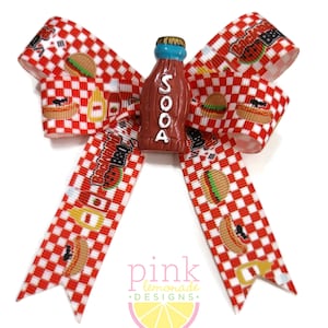 Summer Vacation Backyard BBQ Picnic Barbeque Barbecue Soda Ants Burger Picnic Table Checkered Girls Hair Bow
