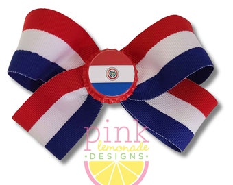 Paraguay Flag Ribbon Patriotic Football Futbol Soccer Paraguayan Guarani Girls Hair Bow Clip Red White Blue Stripes