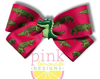 Hot Pink and Lime Green Alligator Gator Swampy Preppy Cajun Airboat Ride Louisiana Florida Girls Hair Bow with Resin Decoration