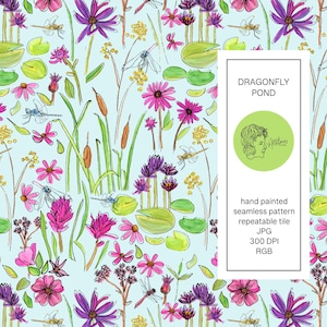 Dragonfly Pond, Seamless Pattern Design, Lilly pads, flowers, Spring, Summer, Blue, Green, Pink, Girl Designs, Repeating Pattern Tile