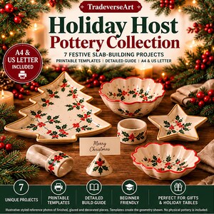 Pacchetto di modelli per ceramiche natalizie, 7 progetti di costruzione di lastre per le feste, PDF stampabili in formato A4 (US Letter), modelli fai da te per stoviglie in ceramica