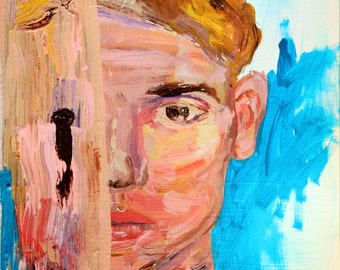 Original Painting Pink Boy Face Portrait Young Man 12" x 16" by Derek Boman