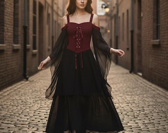 Black Velvet Witch Dress: Celestial Stars, Long Chiffon Sleeves - Etsy