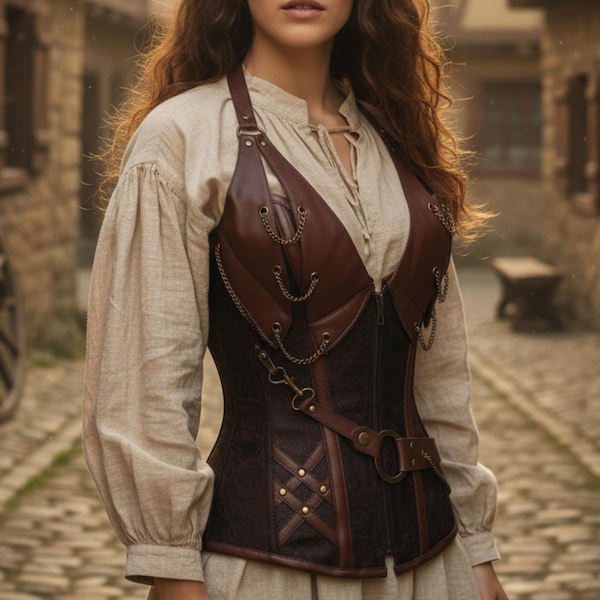 Viking middeleeuws steampunk korset voor vrouwen, gothic piraat leren bustier, renaissance ridder LARP kostuum top, retro korset voor ren faire