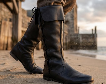 Mittelalterliche Lederstiefel - Wikinger Renaissance Cosplay Stiefel - LARP Piraten Kostüm Schuhe - Ritter Fantasy