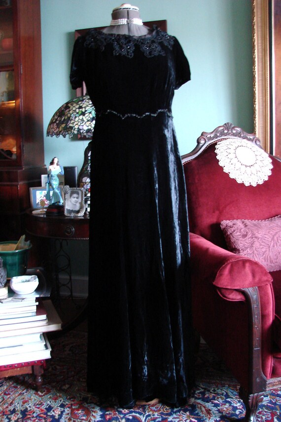 1900s Black Beaded Silk Velvet Dress
