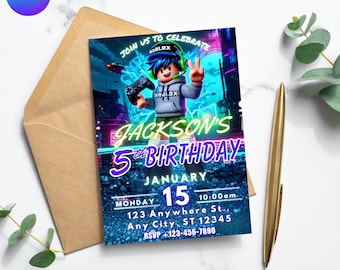 Editable Roblox Birthday Invitation, Gaming Party (Canva Template, Instant Download)