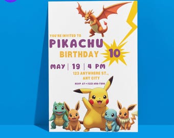 Zaproszenie na urodziny Pikachu, edytowalne zaproszenie na imprezę Pokemon, szablon urodzinowy dla dzieci w stylu anime, drukowane zaproszenie Pokemon Canva