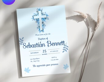 Szablon zaproszenia na chrzest w kolorze niebieskim, akwarela, zaproszenie na chrzest dla chłopców (5x7 cali, wersja cyfrowa, edytowalny w serwisie Canva)