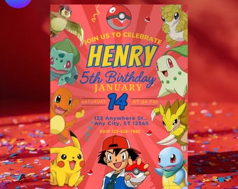 Edytowalny szablon zaproszenia urodzinowego Pokémon, personalizowane zaproszenie na imprezę dla dzieci, natychmiastowe pobranie na Canva, zabawny i radosny projekt