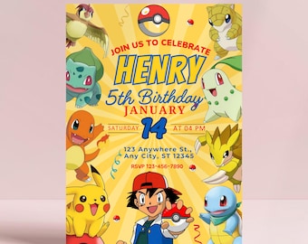 Edytowalny szablon zaproszenia urodzinowego Pokémon, personalizowane zaproszenie na imprezę dla dzieci, natychmiastowe pobranie na Canva, zabawny i radosny projekt