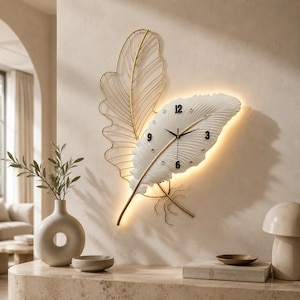 Reloj de pared con forma de hoja iluminada, gran pieza de arte de pared de metal dorado, reloj LED moderno de lujo, decoración botánica blanca para el hogar.