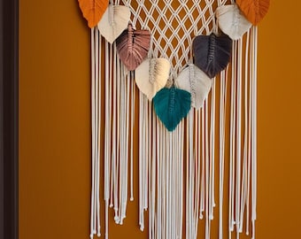 Grote macramé wandhanger boho – handgemaakt veelkleurig tapijt van katoen en wolbladeren, woondecoratie