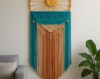 Boho macramé muurhanger | Kleurrijke geweven muurkunst | 10"-ring | Handgemaakt vezeldecor | Blauw en mosterd boho wandtapijt