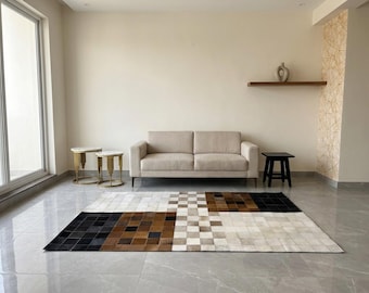Handgemaakt koeienhuid mozaïek patchwork vloerkleed | Echte leren tegels, boho-vloermat woonkamer