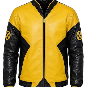 May include: A yellow and black leather bomber jacket featuring a stand-up collar, a full-length front zipper, and long sleeves. Each sleeve displays a circular yellow and black X-Men logo patch. The cuffs and hem are finished with black and yellow stripes.