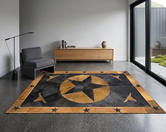 Handgemaakt Texas Star-rundleer vloerkleed | Westerndecor van echt leer met patchwork