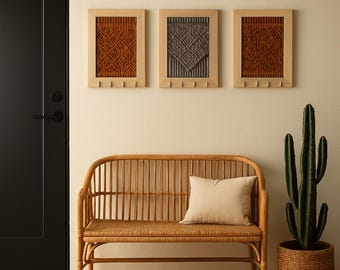 Handgemaakte macramésleutelhouder met houten frame | Boho wanddecoratie organizer | 3 kleuropties: grijs, kastanjebruin, lichtbruin