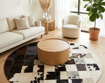 Handgemaakt rond vloerkleed met patchwork rundleder | Rustiek boho-tapijt van 3 x 3 voet