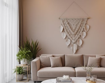 Boho macramé muurhanger | Groot verenontwerp | Handgemaakte katoenen muurkunst | Geweven tapijt van 28 x 36 inch | Neutraal boho-decor