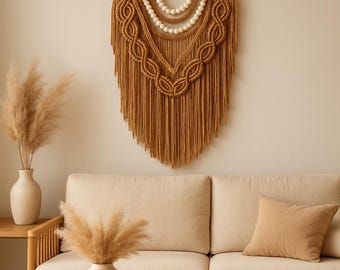 Boho macramé muurhanger | Mosterdgeel geweven decor | Handgemaakte katoenen muurkunst | Wandtapijt van 18 x 24 inch | Boho-huisaccent