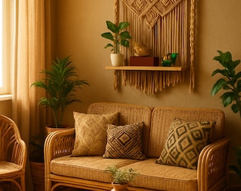 Handgemaakte boho macramé muurhanger - natuurlijke jute koordvezelkunst (18" x 22") - 4 neutrale kleuren (met plank)