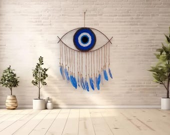 Handgemaakte blauwe macramé-muurhanger blauw – Boho katoengaren bescherming muurdecoratie (15 x 20 in)