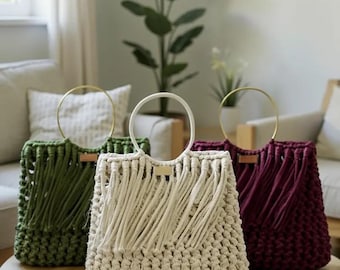 Handgemaakte macramé boho-tas | Geweven katoenen portemonnee met metalen handvat | Schoudertas met franjes voor dames | Milieuvriendelijke modieuze handtas